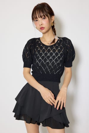 【WEB限定】ビジュー付きバックリボンニットトップス