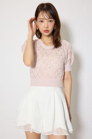 ビジュー付きバックリボンニットトップス