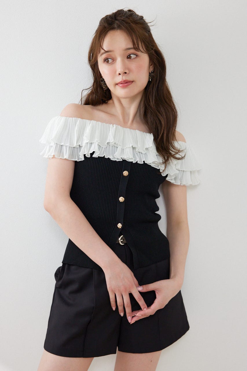 プリーツレースオフショルノースリニットトップス BLK FREE