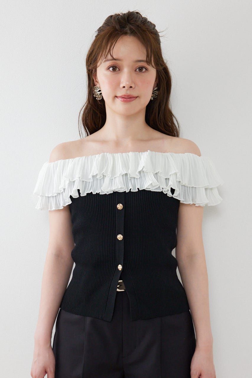 プリーツレースオフショルノースリニットトップス BLK FREE
