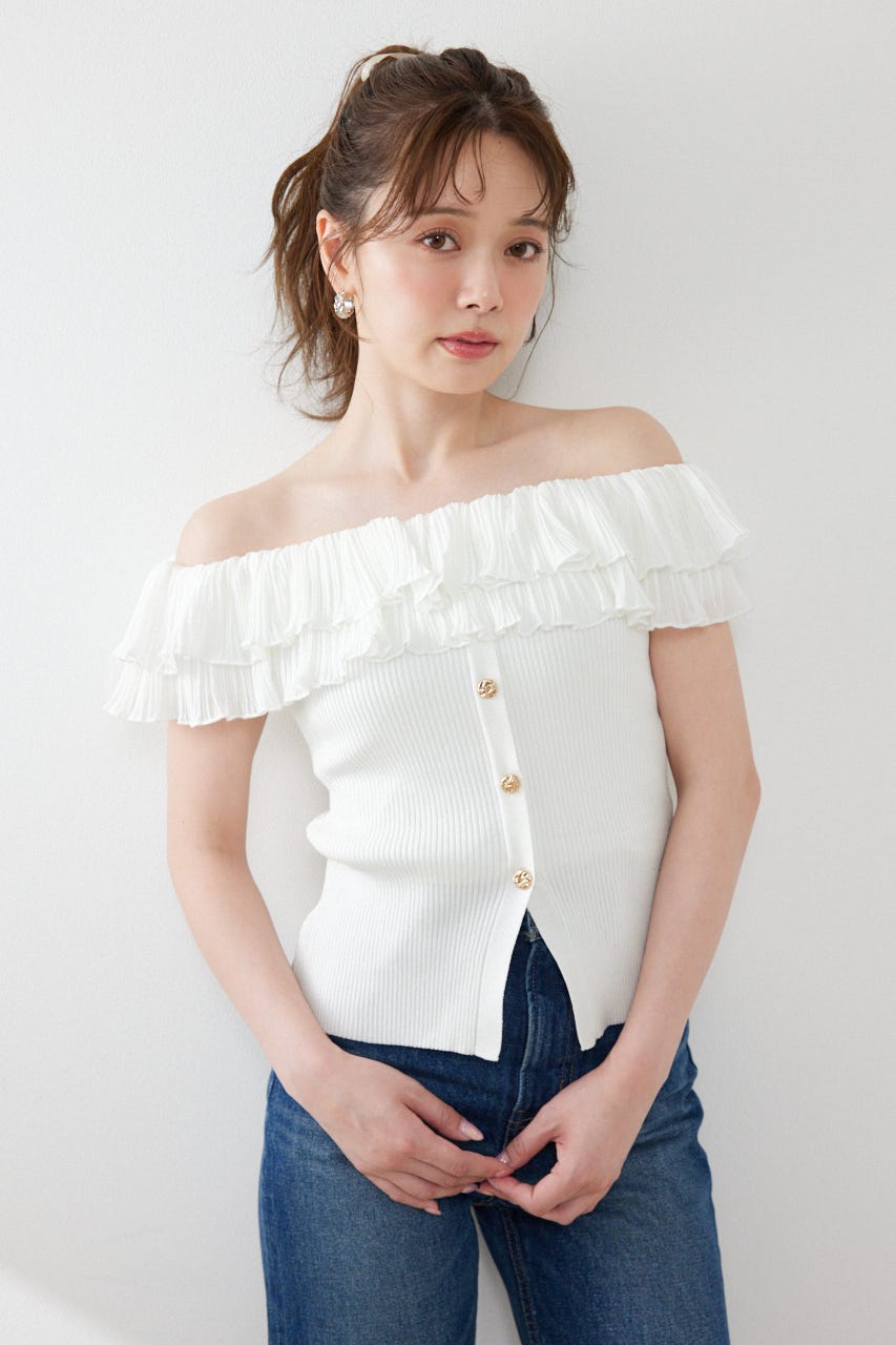 プリーツレースオフショルノースリニットトップス WHT FREE