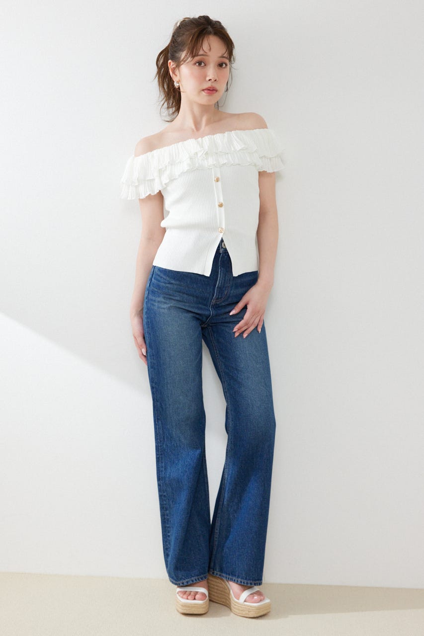 プリーツレースオフショルノースリニットトップス WHT FREE