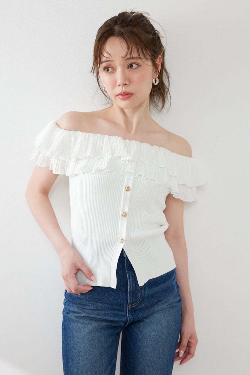 プリーツレースオフショルノースリニットトップス WHT FREE