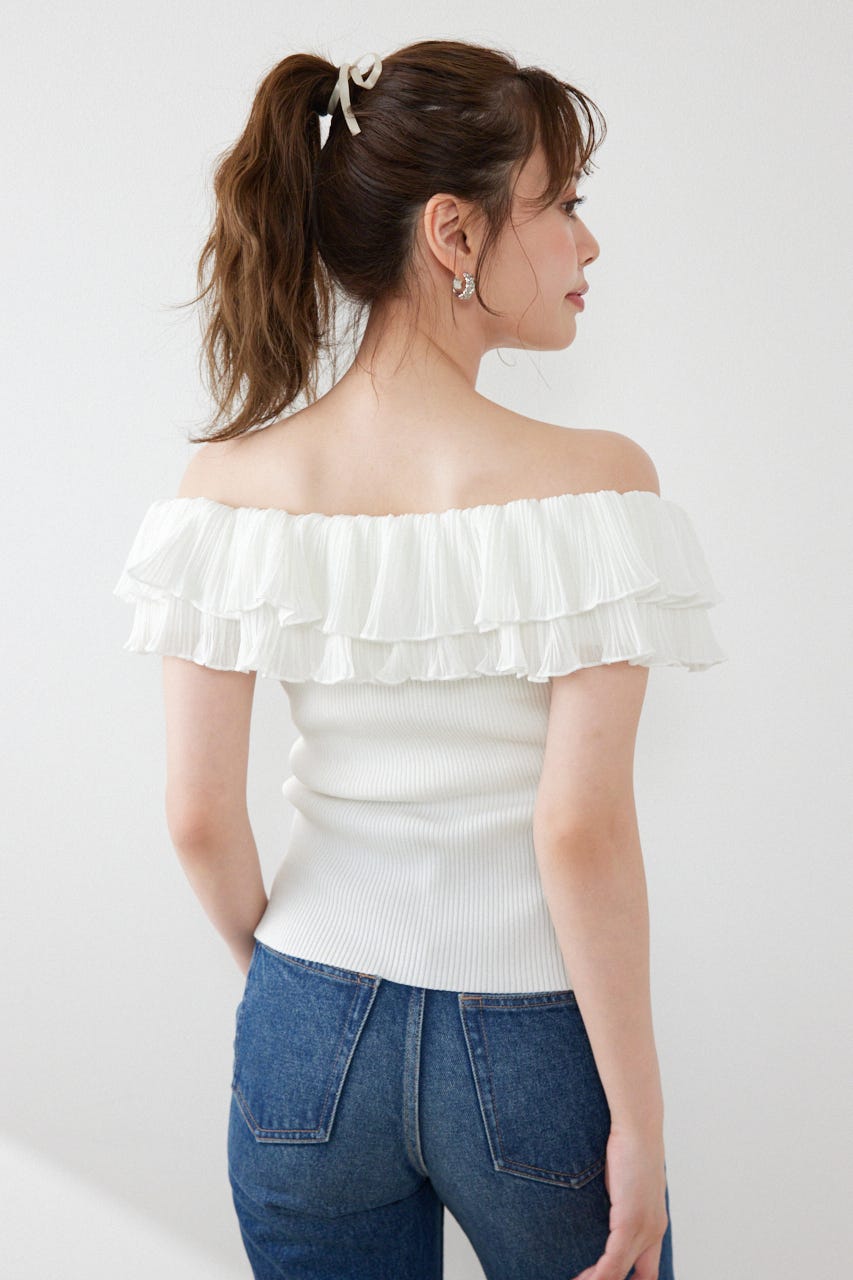プリーツレースオフショルノースリニットトップス WHT FREE