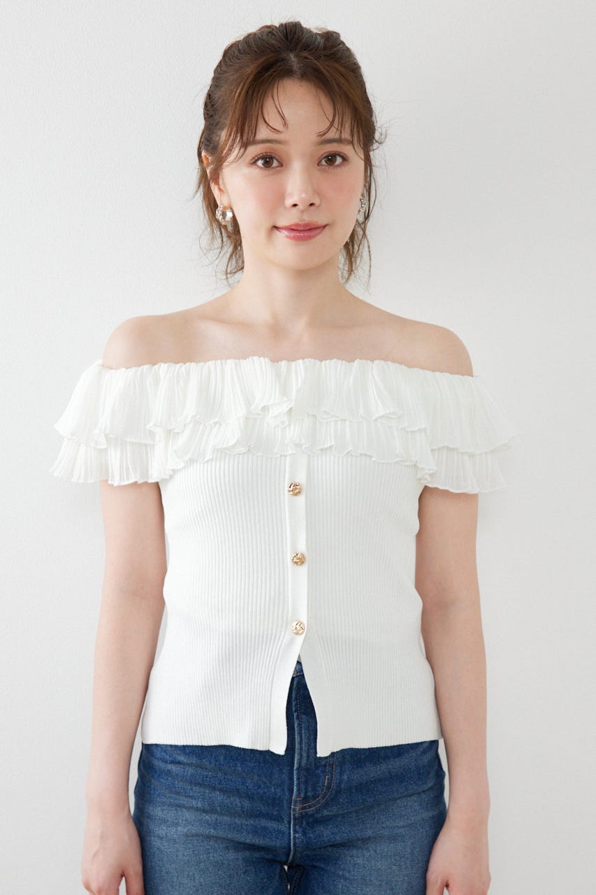 プリーツレースオフショルノースリニットトップス WHT FREE