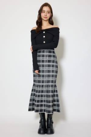 リボンデザインツイードニットワンピース