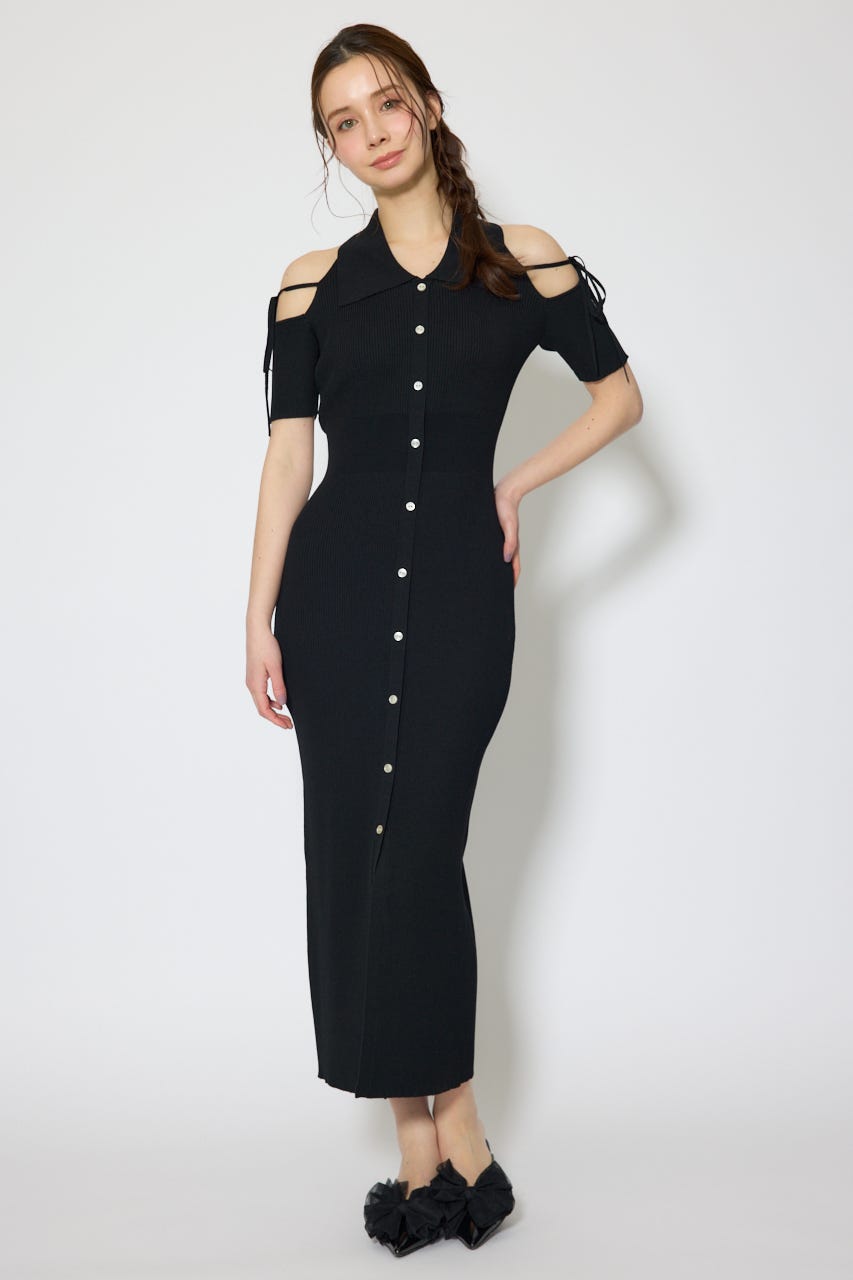 リボン付きアメスリニットワンピース BLK FREE