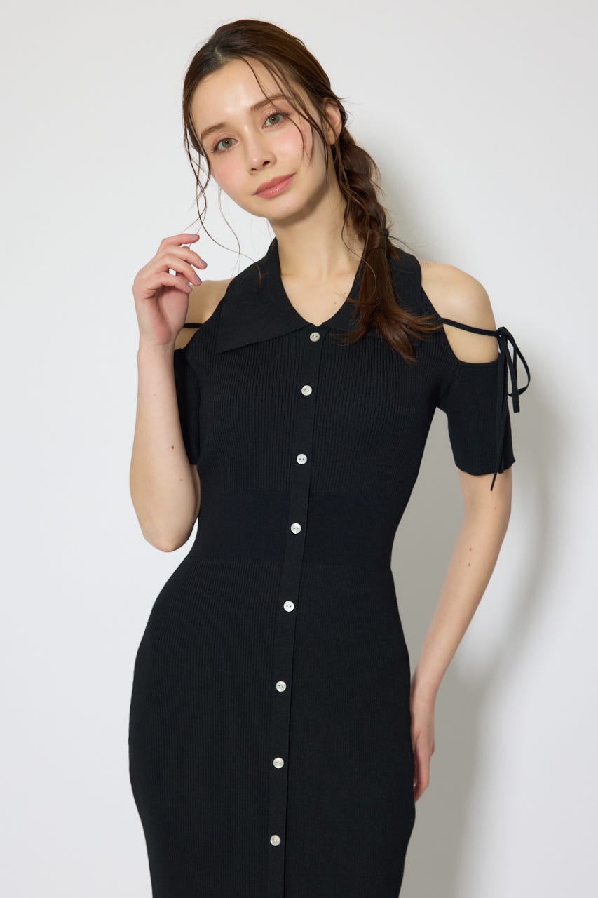 リボン付きアメスリニットワンピース BLK FREE