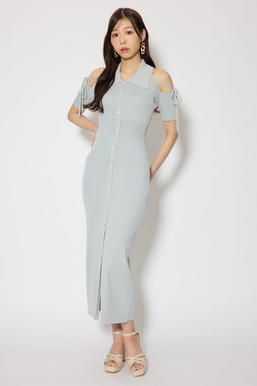 リボン付きアメスリニットワンピース BLU FREE