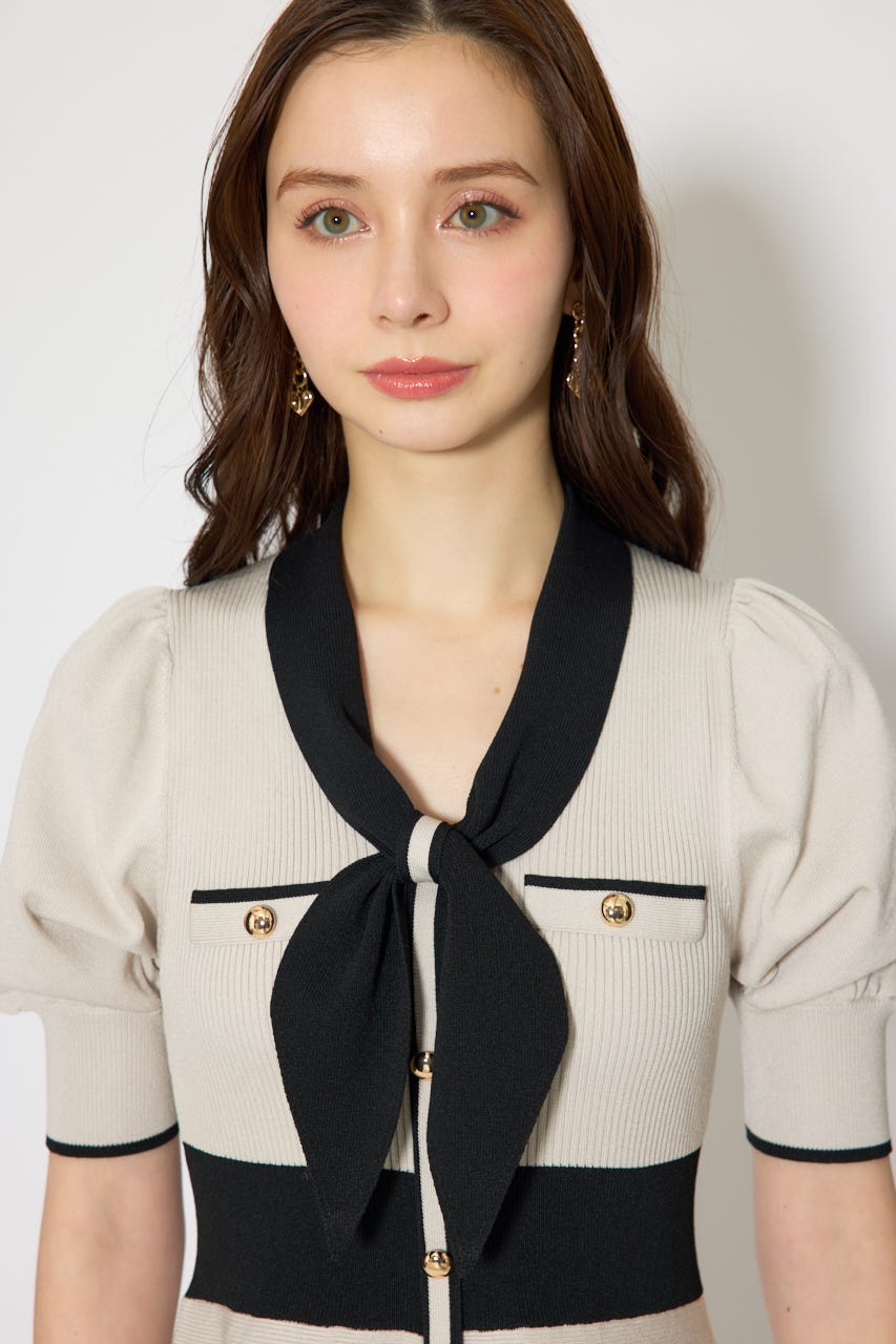 バイカラーパフスリーブミニニットワンピース BEG FREE