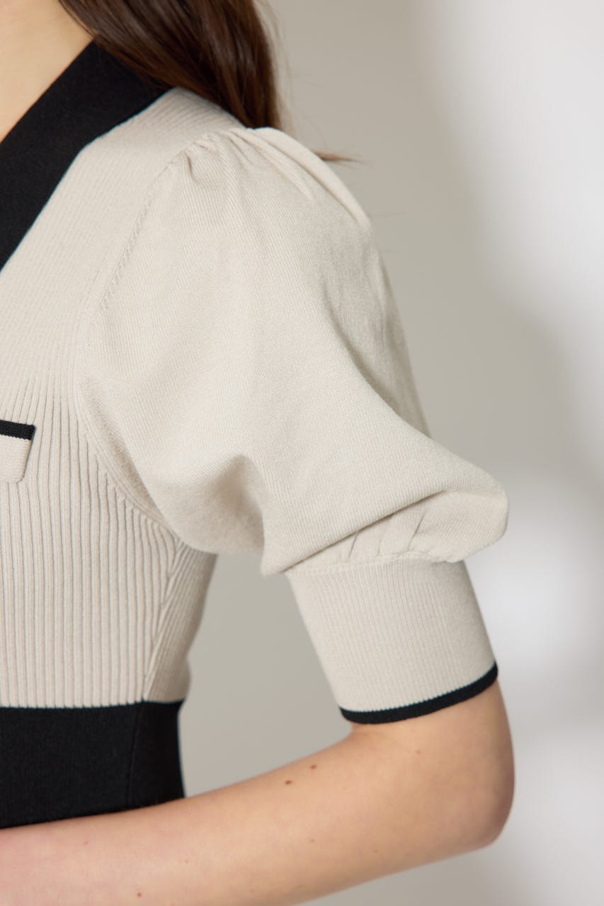 バイカラーパフスリーブミニニットワンピース BEG FREE