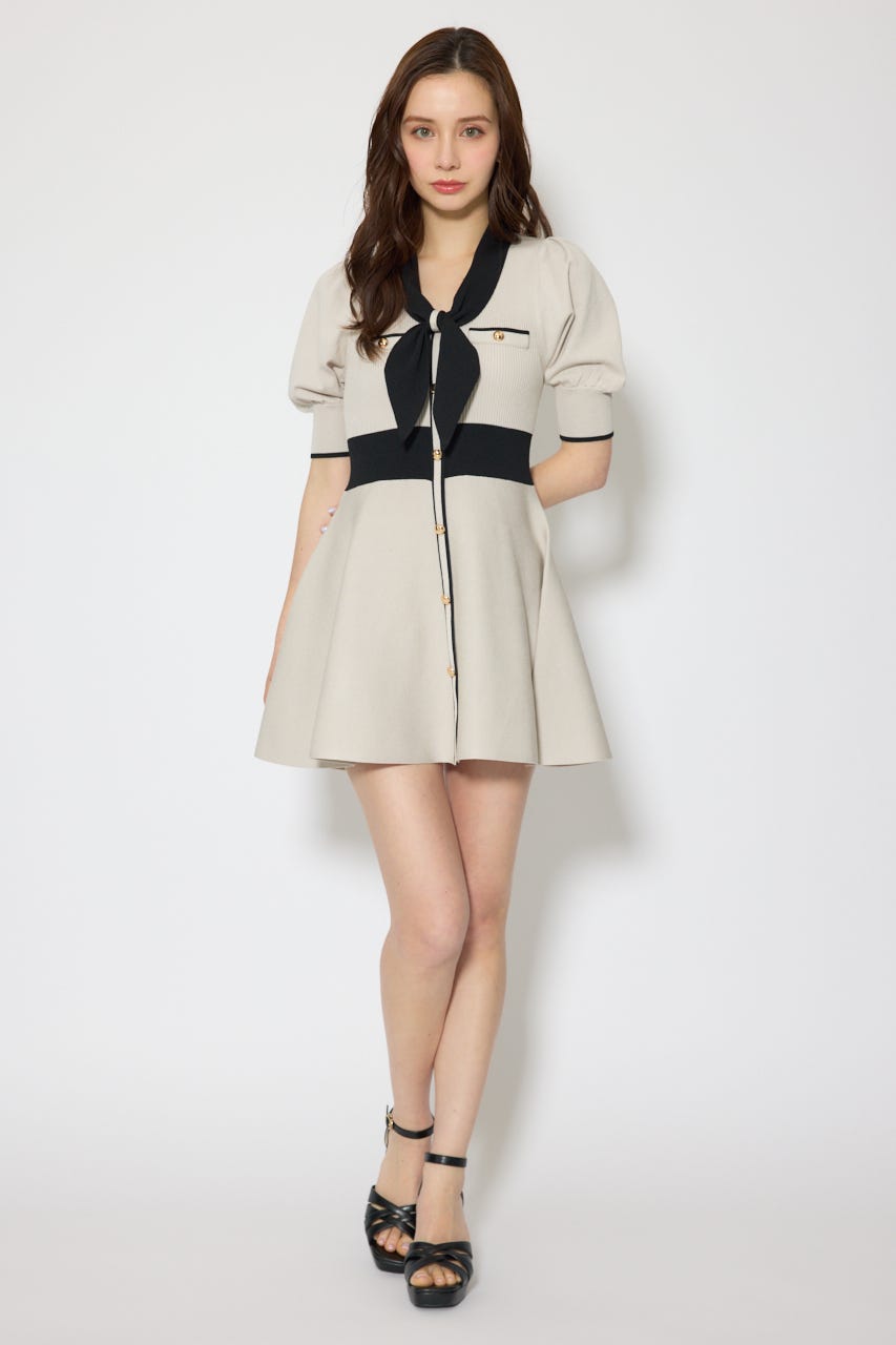 バイカラーパフスリーブミニニットワンピース BEG FREE