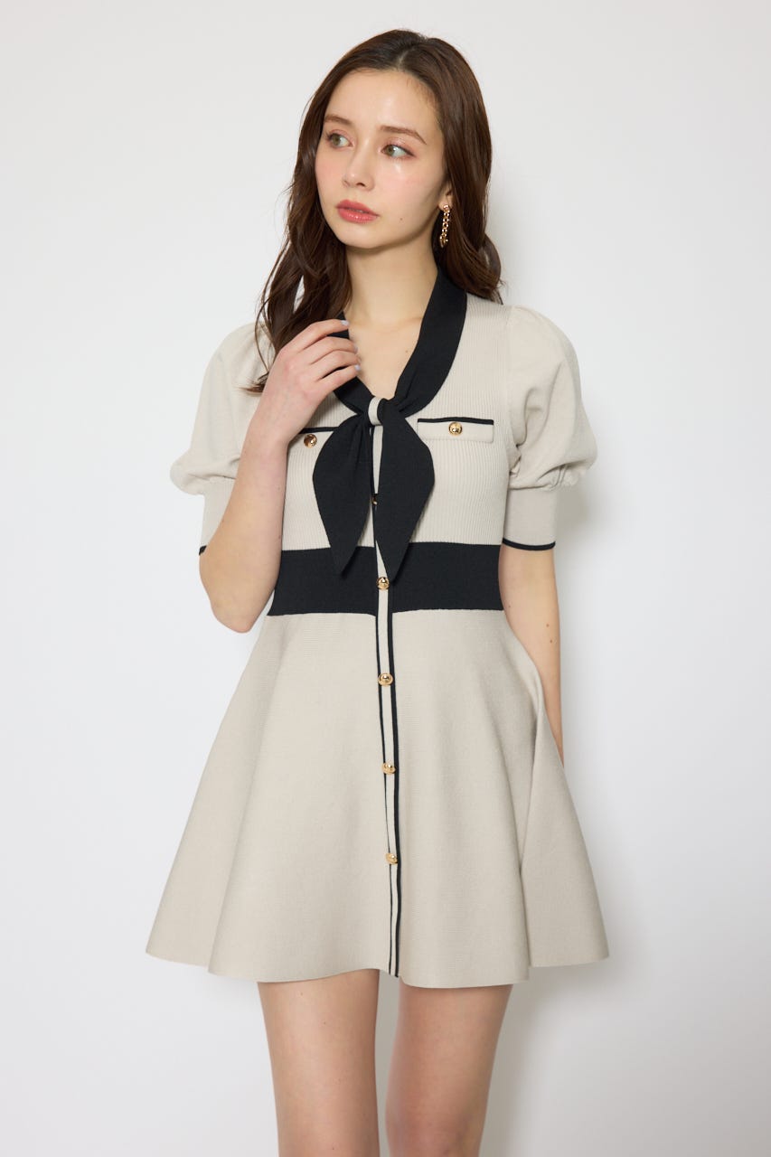 バイカラーパフスリーブミニニットワンピース BEG FREE