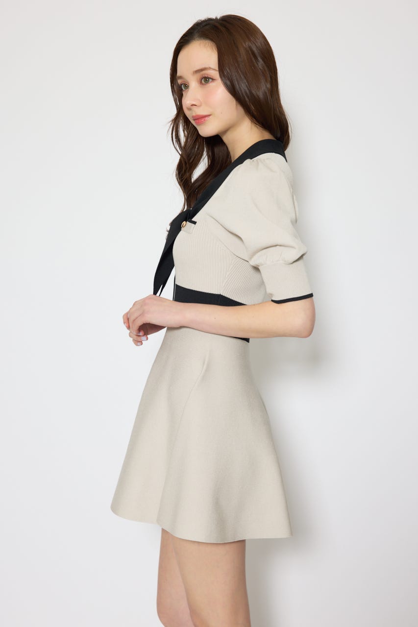 バイカラーパフスリーブミニニットワンピース BEG FREE