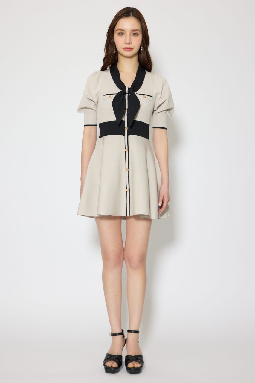 バイカラーパフスリーブミニニットワンピース BEG FREE