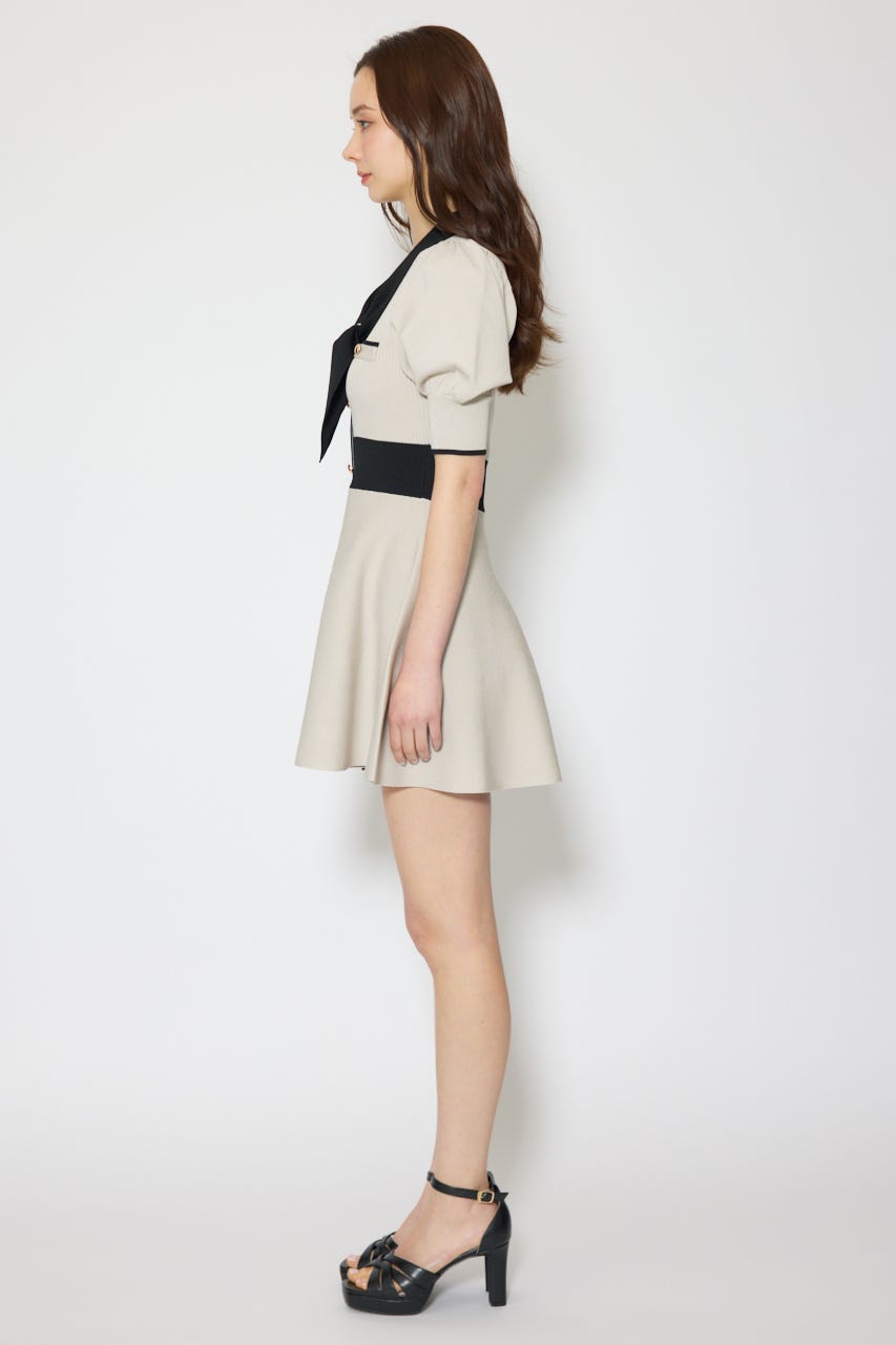 バイカラーパフスリーブミニニットワンピース BEG FREE