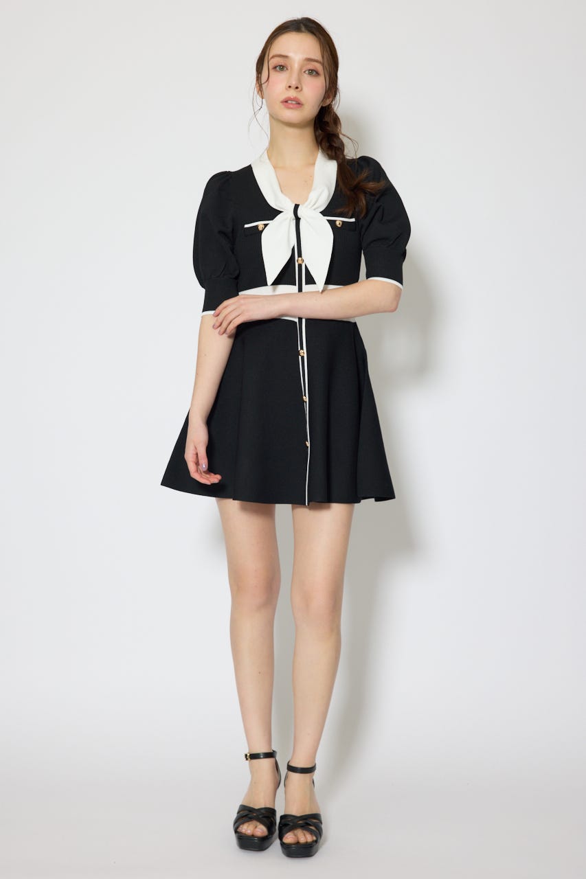 バイカラーパフスリーブミニニットワンピース BLK FREE