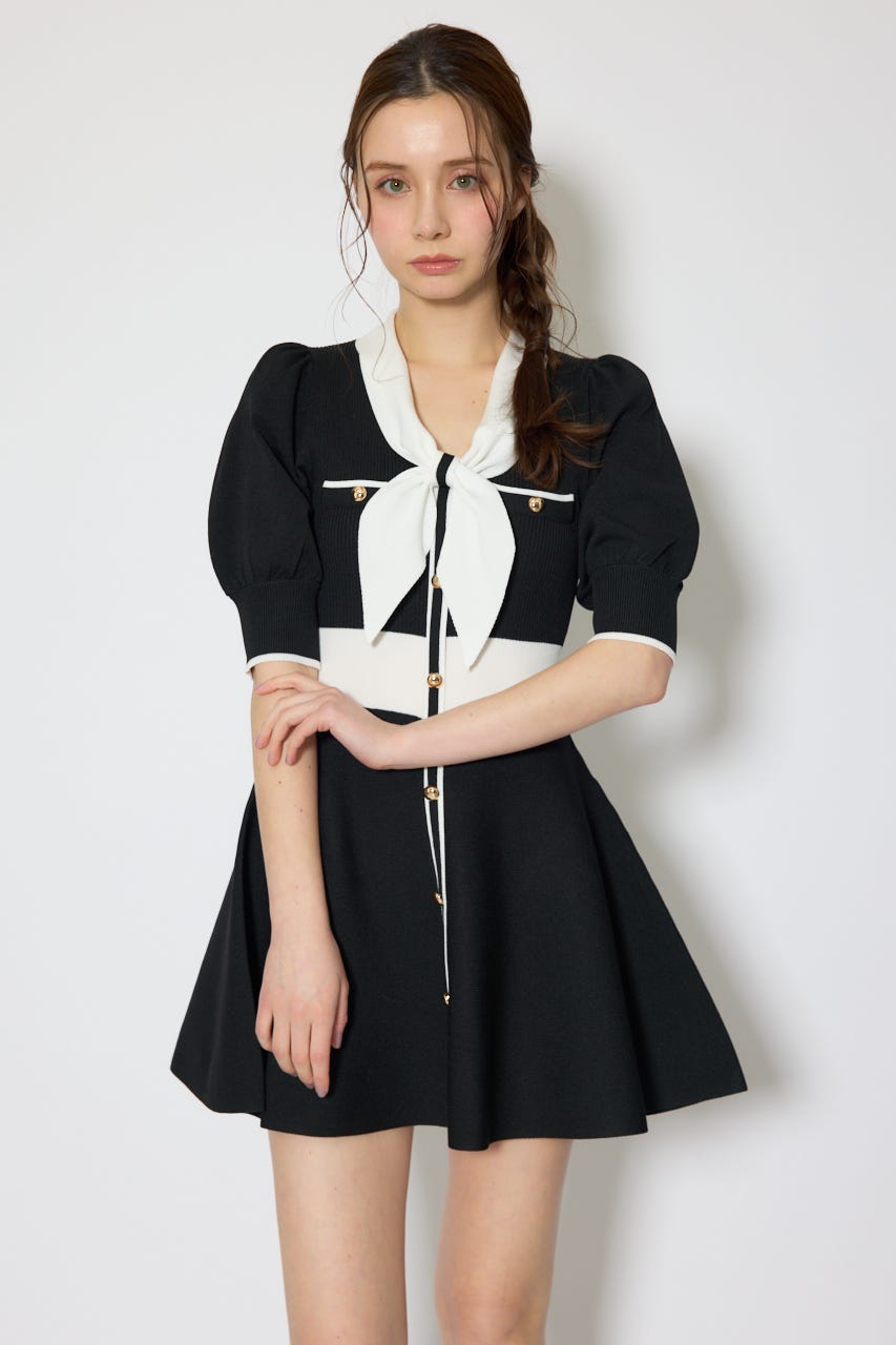バイカラーパフスリーブミニニットワンピース BLK FREE