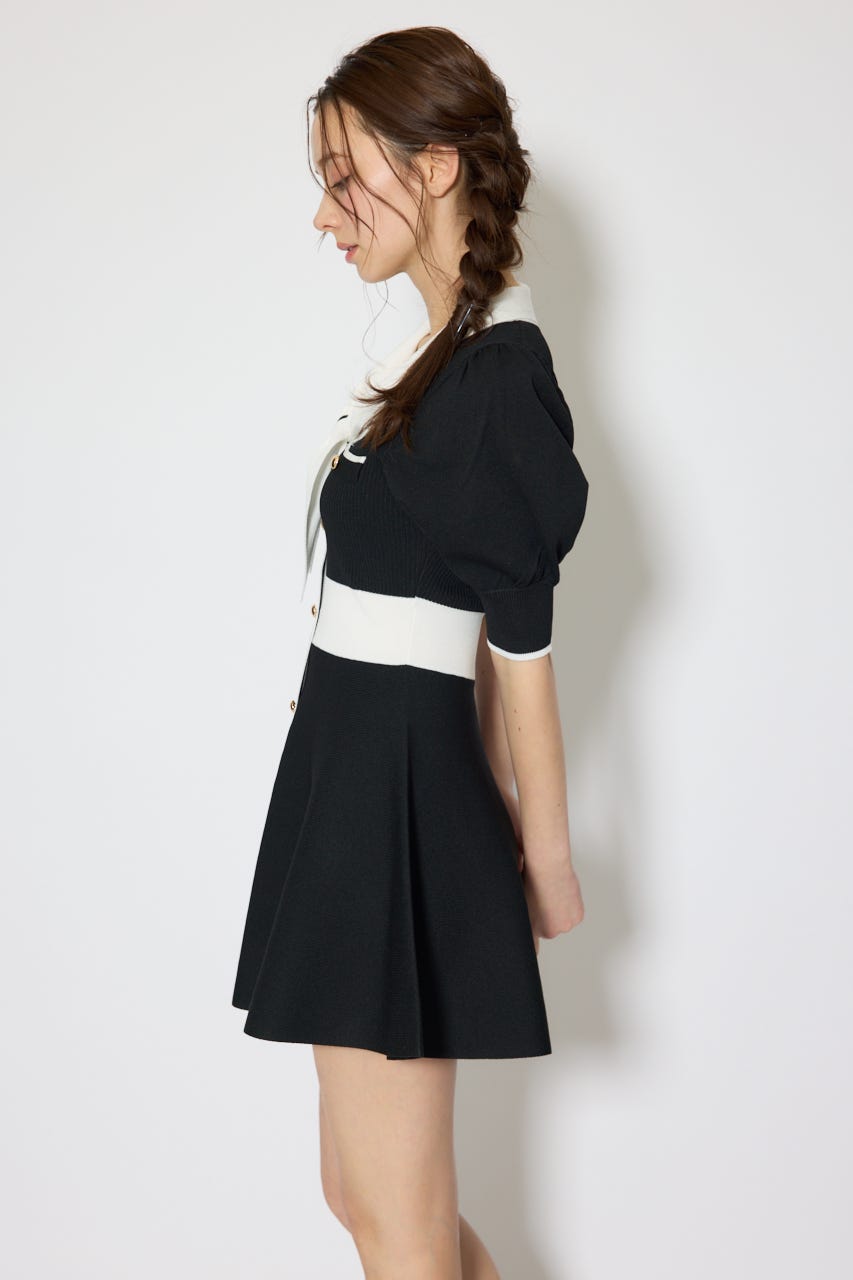 バイカラーパフスリーブミニニットワンピース BLK FREE