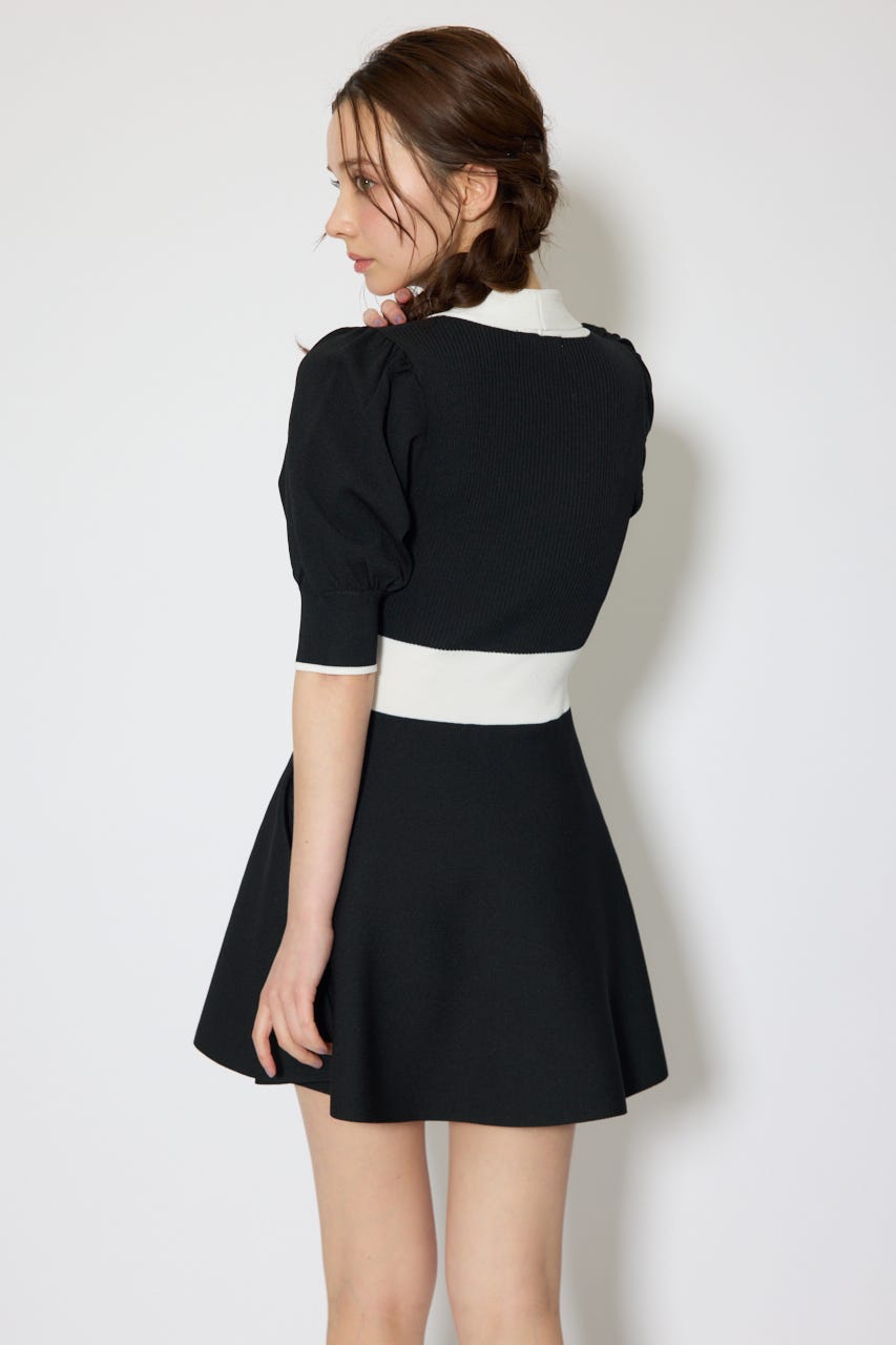 バイカラーパフスリーブミニニットワンピース BLK FREE