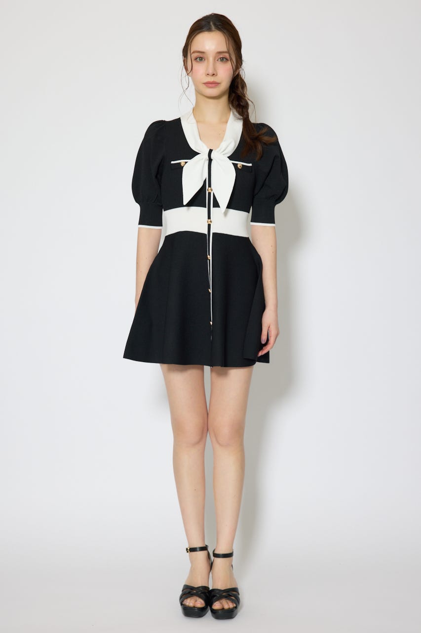 バイカラーパフスリーブミニニットワンピース BLK FREE