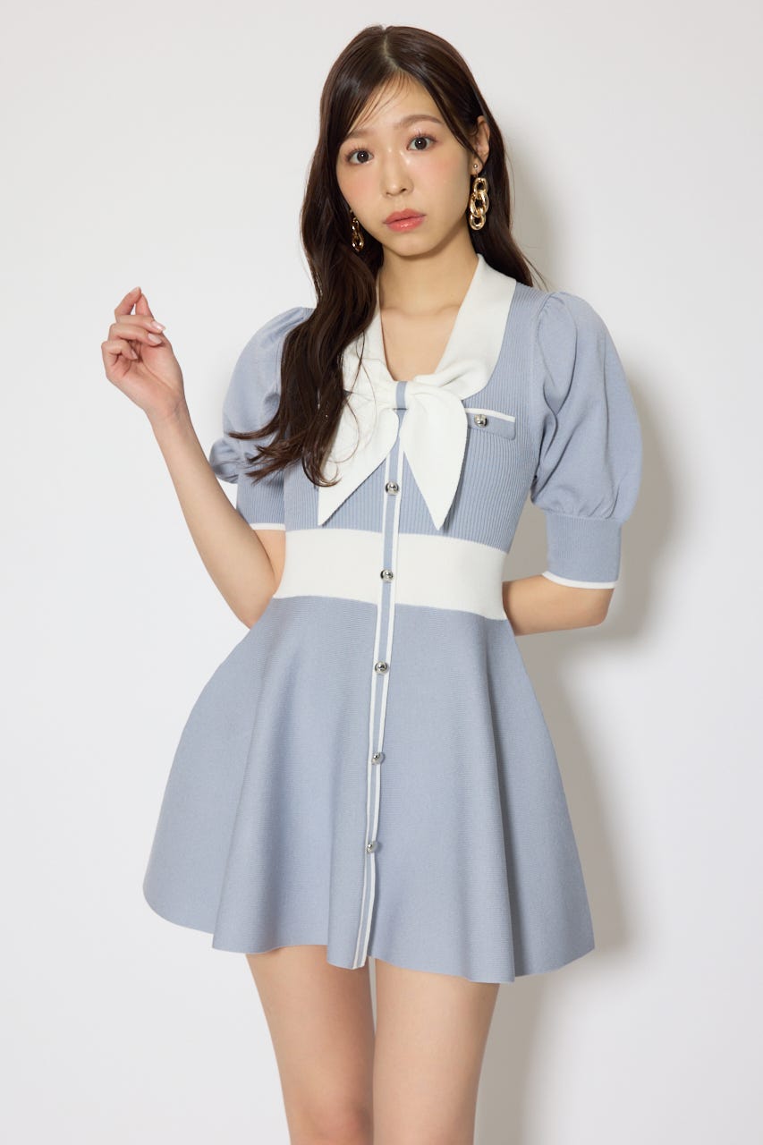 バイカラーパフスリーブミニニットワンピース BLU FREE