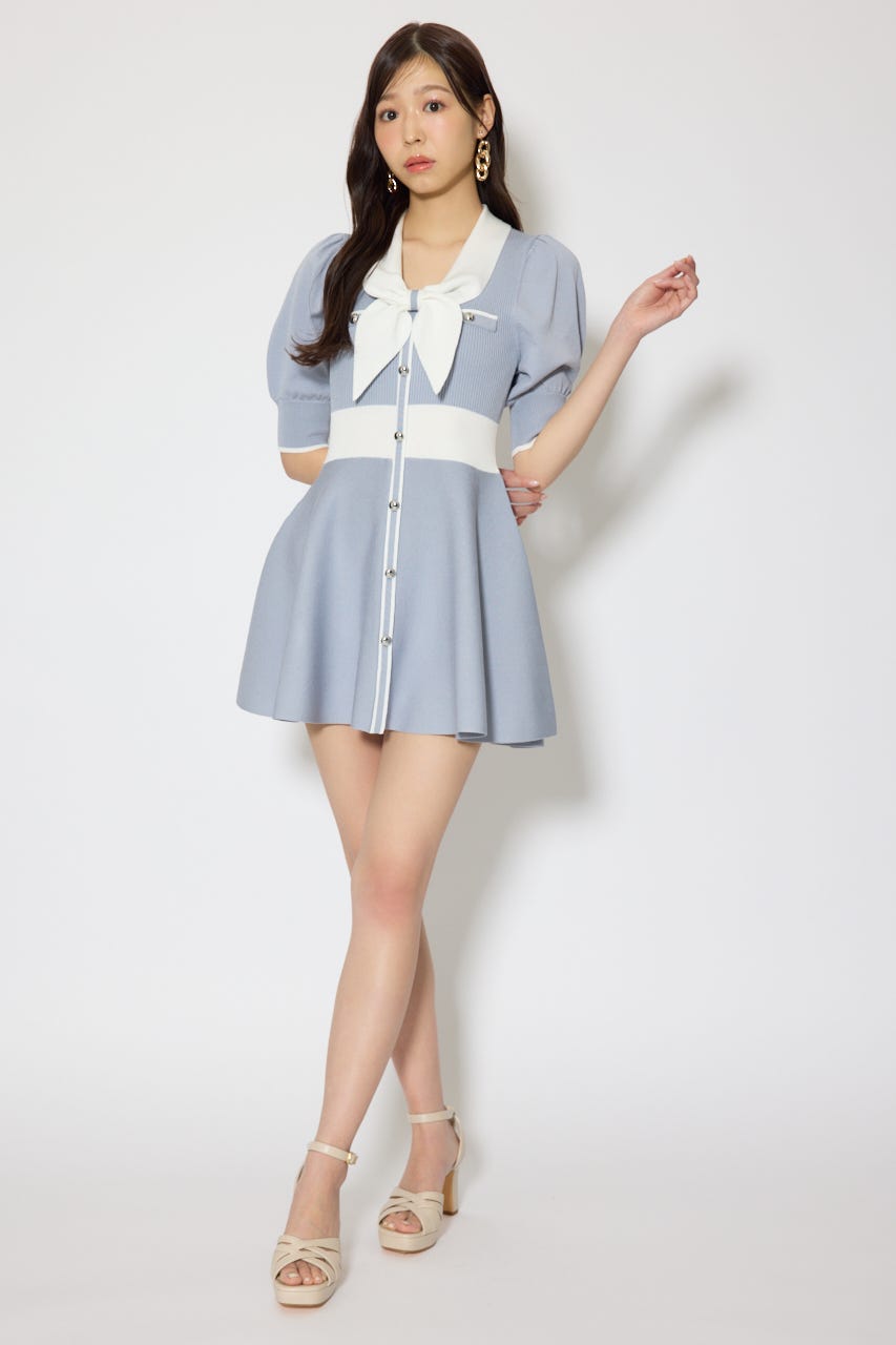バイカラーパフスリーブミニニットワンピース BLU FREE