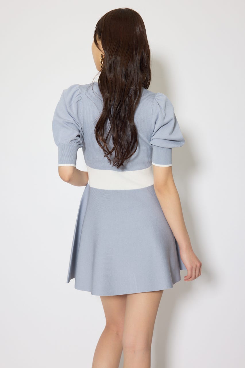 バイカラーパフスリーブミニニットワンピース BLU FREE