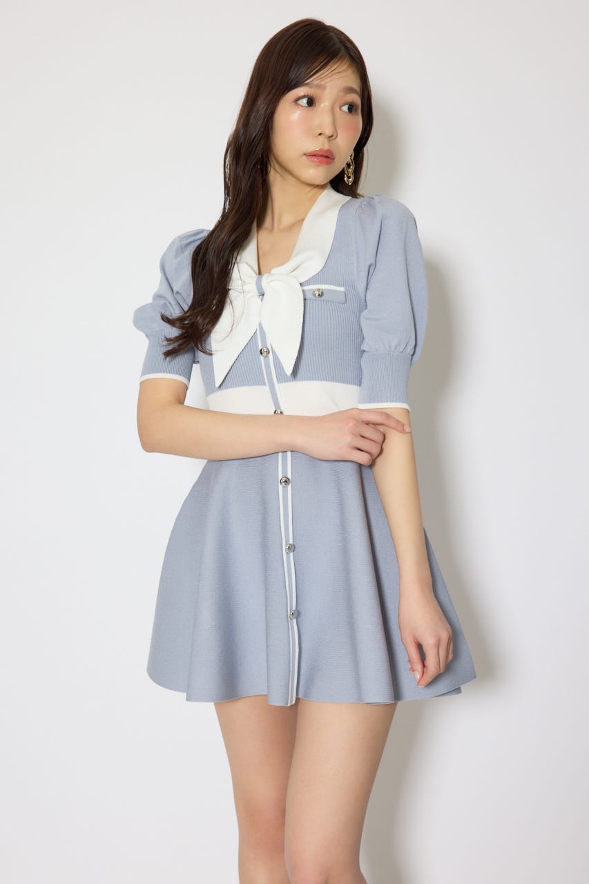 バイカラーパフスリーブミニニットワンピース BLU FREE