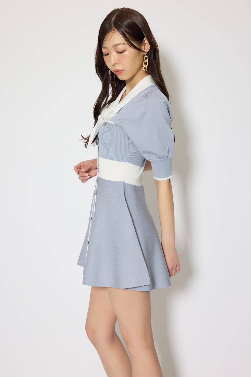バイカラーパフスリーブミニニットワンピース BLU FREE