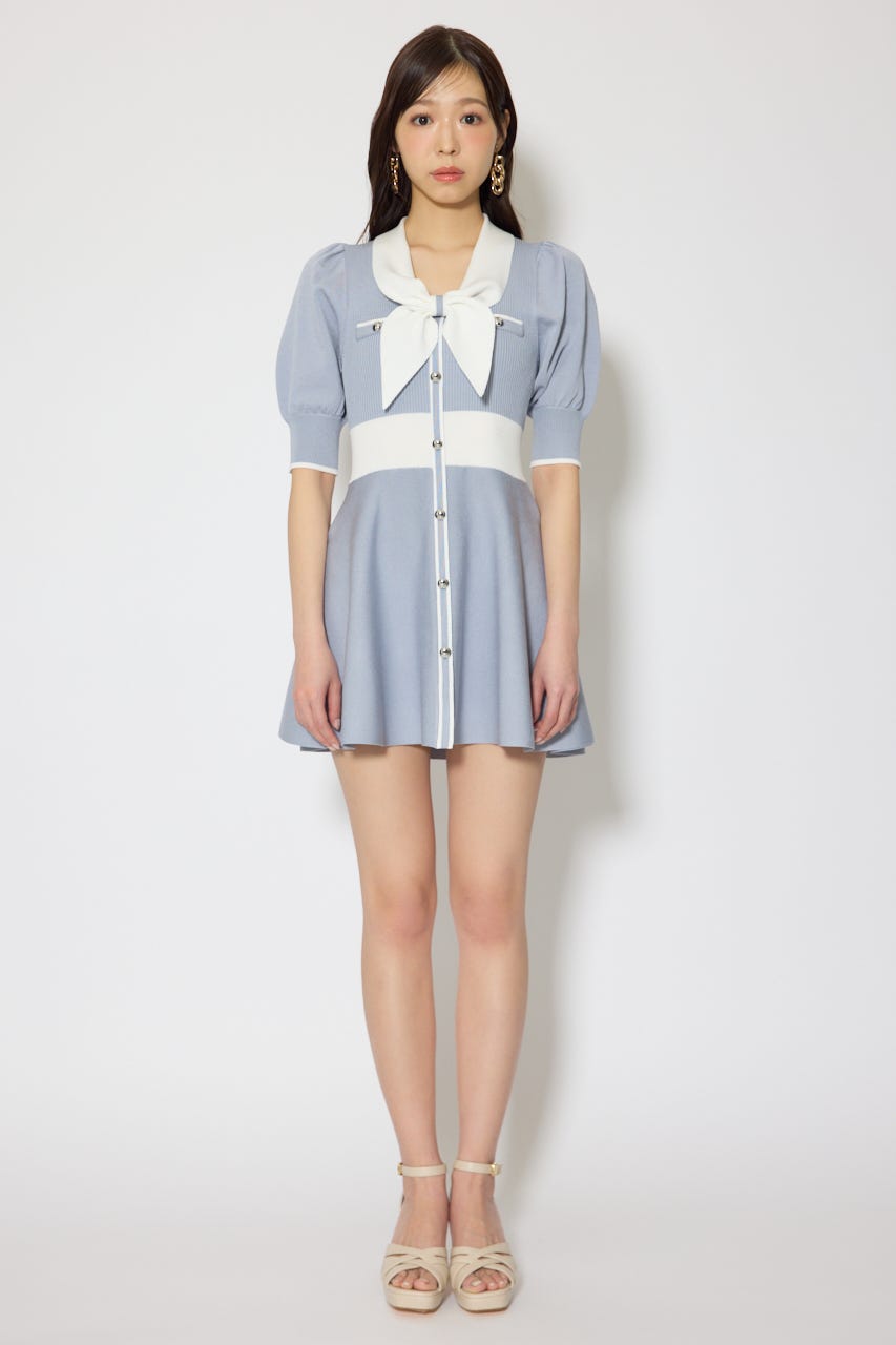 バイカラーパフスリーブミニニットワンピース BLU FREE