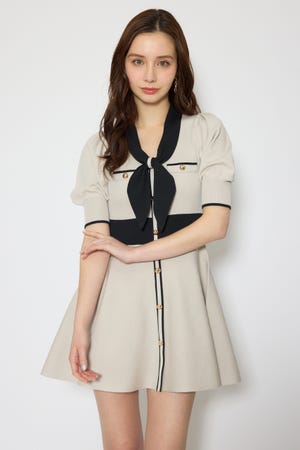 バイカラーパフスリーブミニニットワンピース