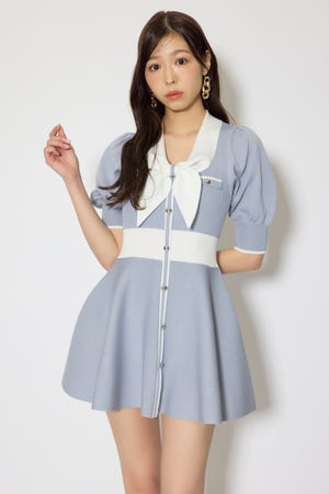 バイカラーパフスリーブミニニットワンピース
