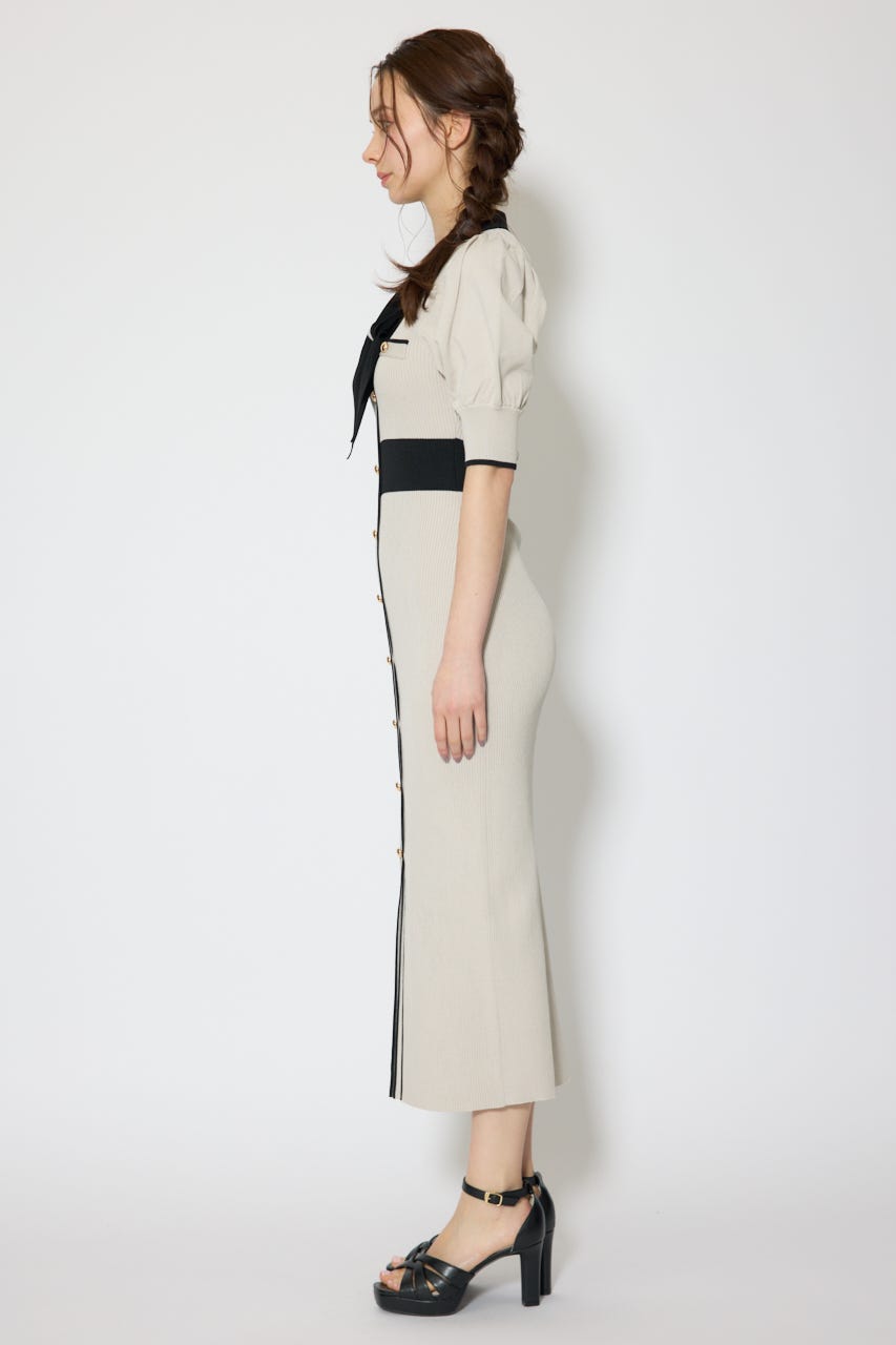 【森香澄さん着用】バイカラーパフスリーブタイトニットワンピース BEG FREE