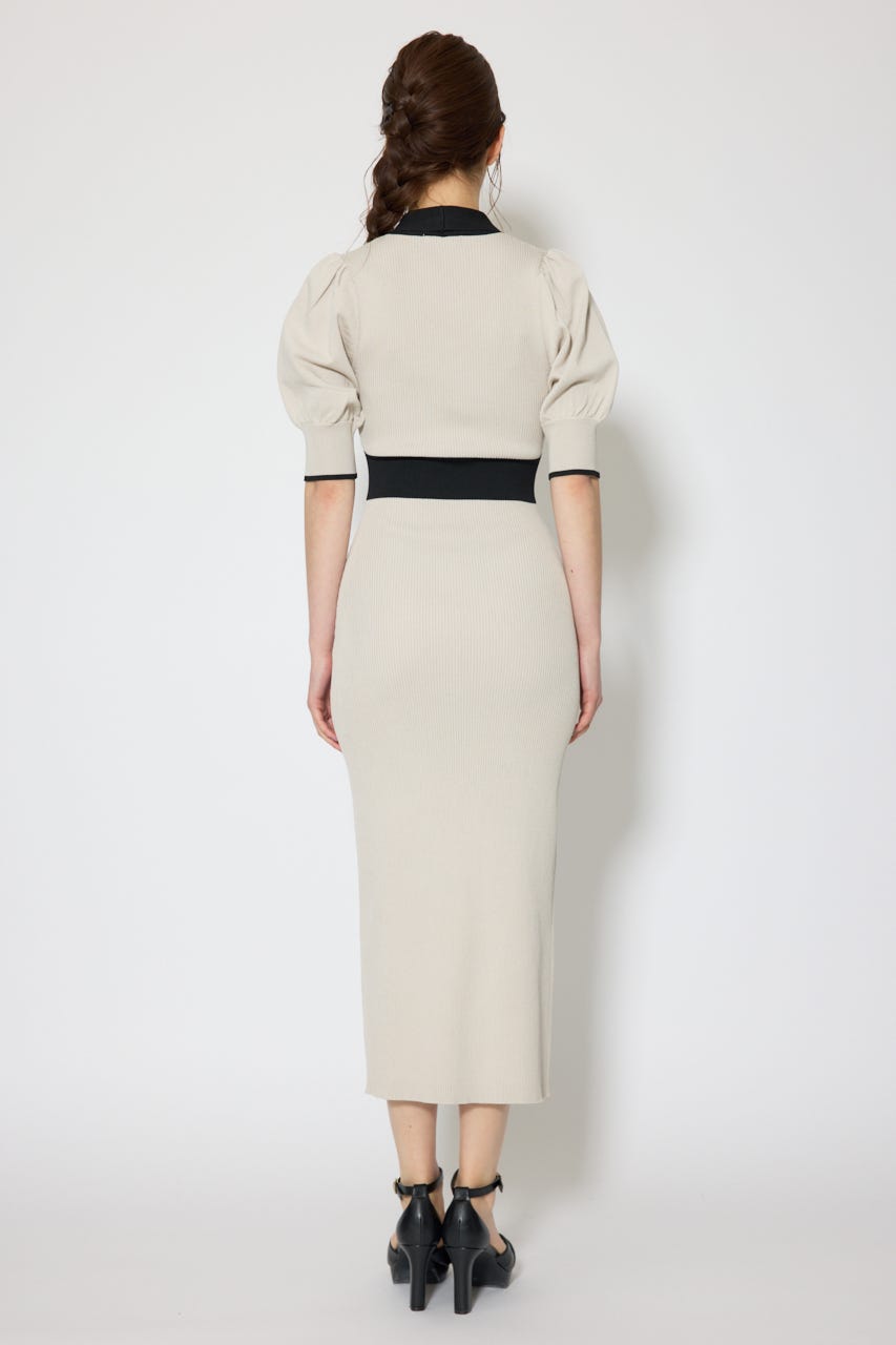 【森香澄さん着用】バイカラーパフスリーブタイトニットワンピース BEG FREE