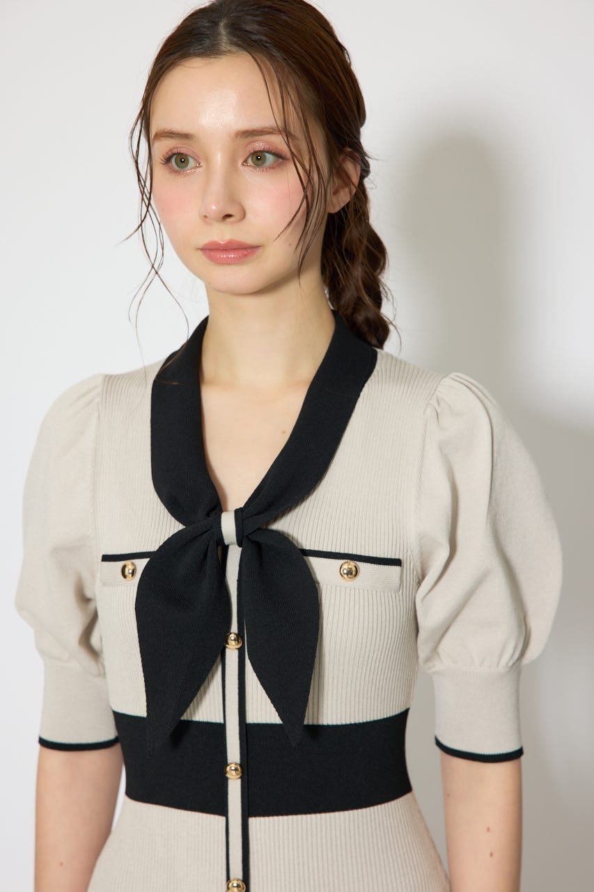 【森香澄さん着用】バイカラーパフスリーブタイトニットワンピース BEG FREE