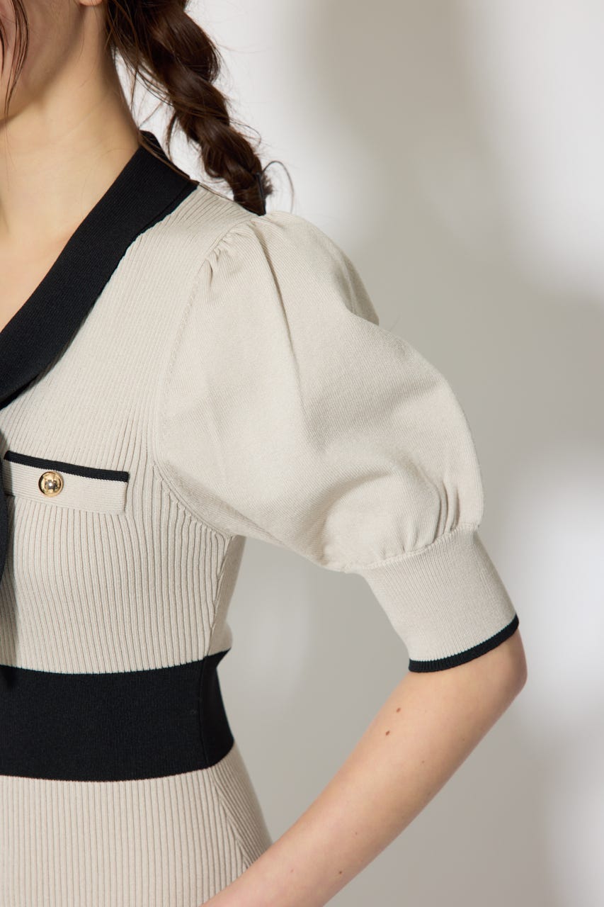 【森香澄さん着用】バイカラーパフスリーブタイトニットワンピース BEG FREE