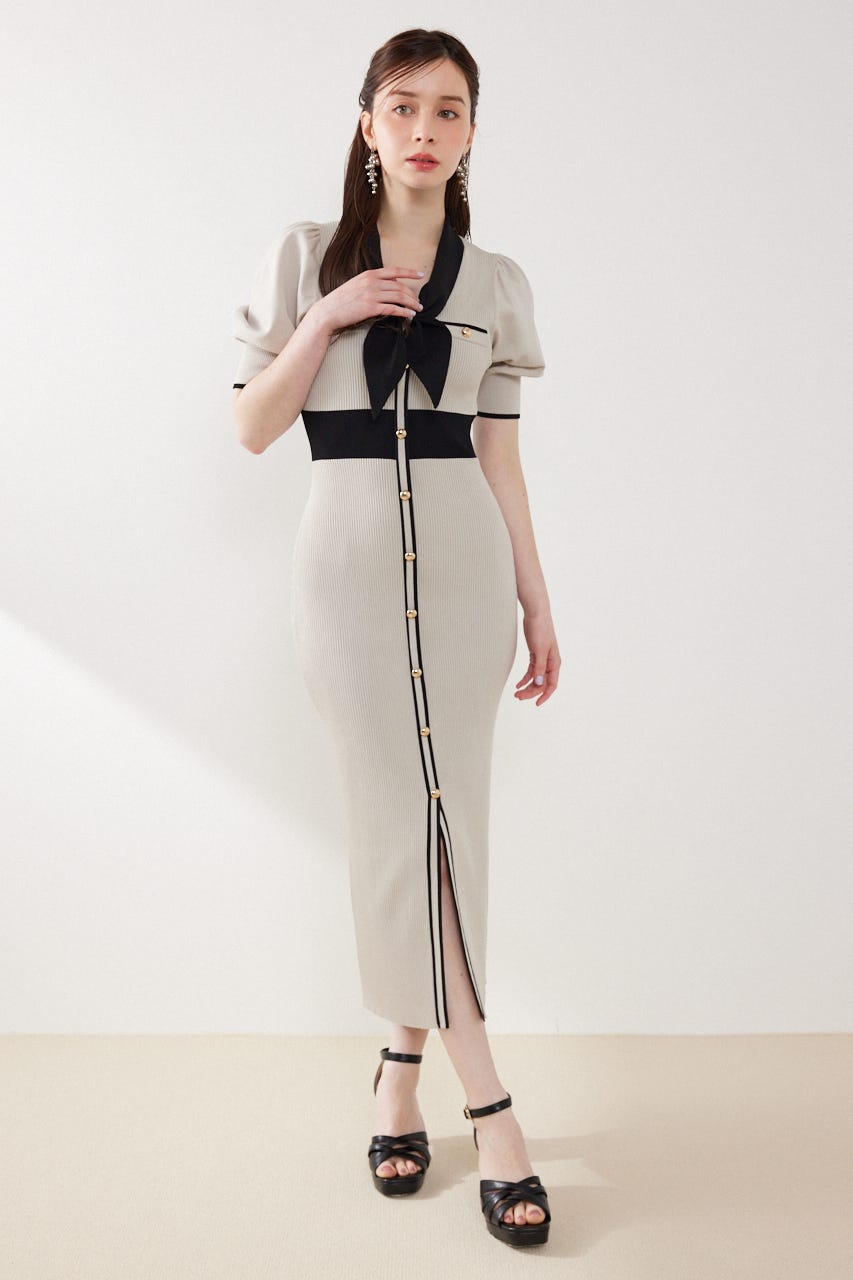 【森香澄さん着用】バイカラーパフスリーブタイトニットワンピース BEG FREE