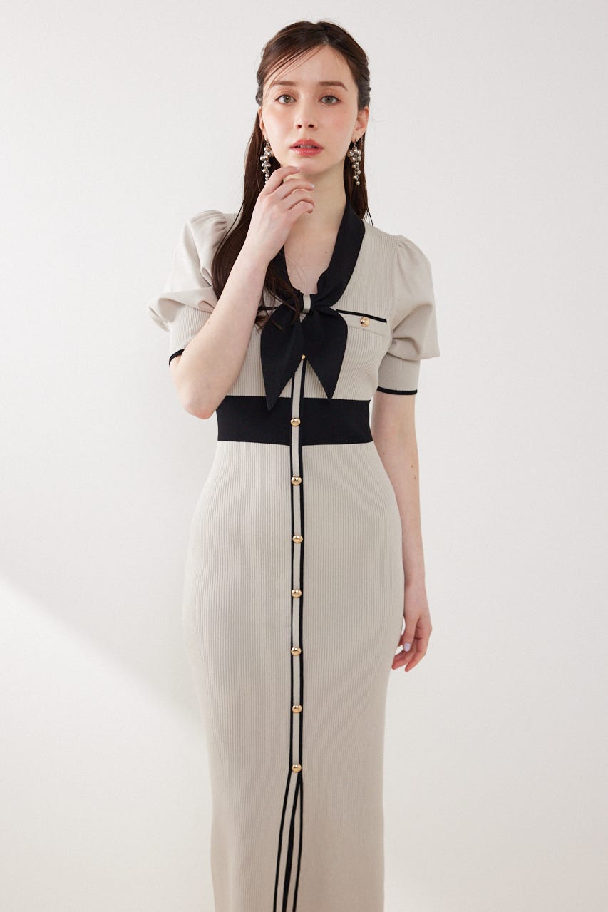 【森香澄さん着用】バイカラーパフスリーブタイトニットワンピース BEG FREE