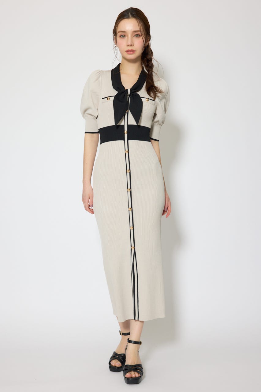 【森香澄さん着用】バイカラーパフスリーブタイトニットワンピース BEG FREE