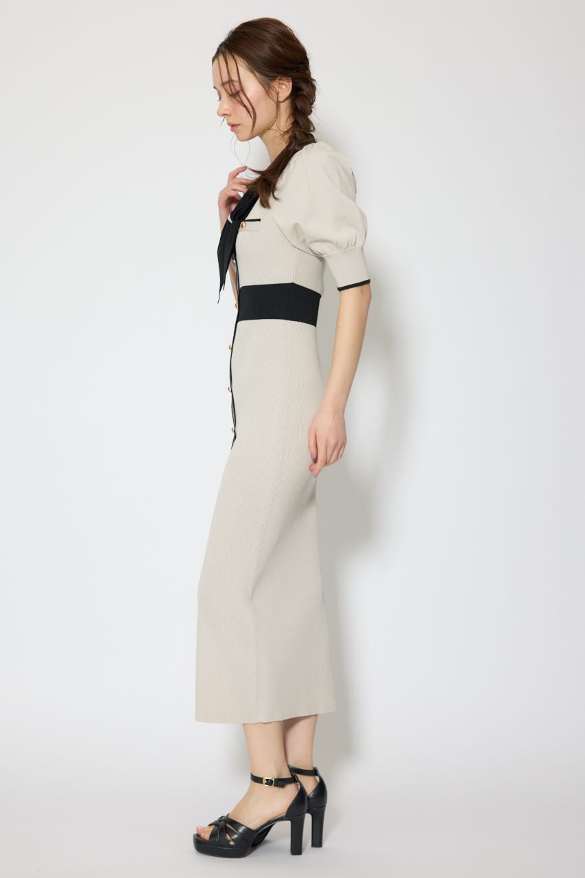 【森香澄さん着用】バイカラーパフスリーブタイトニットワンピース BEG FREE
