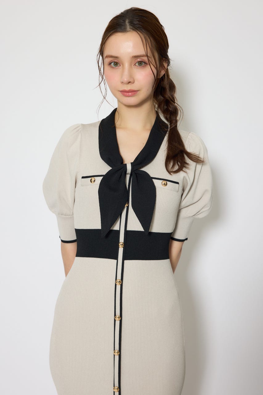 【森香澄さん着用】バイカラーパフスリーブタイトニットワンピース BEG FREE