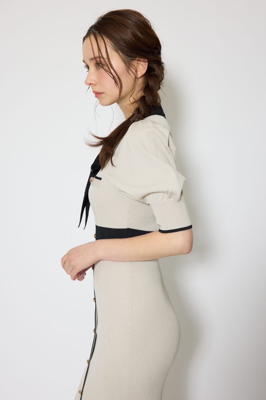 【森香澄さん着用】バイカラーパフスリーブタイトニットワンピース BEG FREE