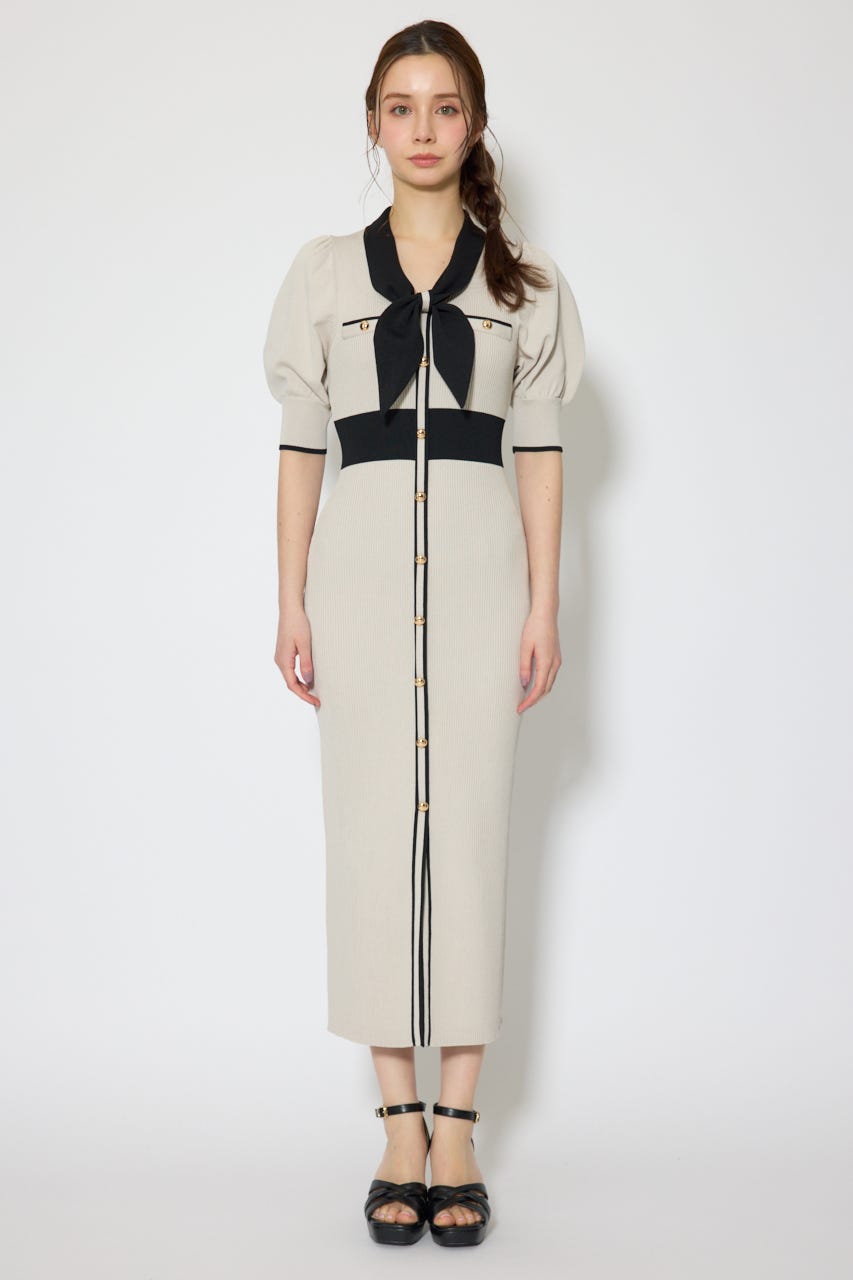 【森香澄さん着用】バイカラーパフスリーブタイトニットワンピース BEG FREE