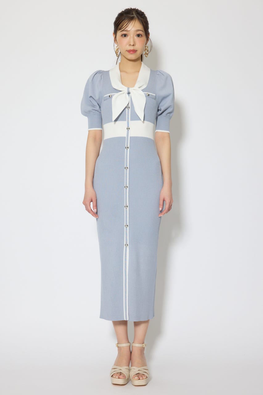 【森香澄さん着用】バイカラーパフスリーブタイトニットワンピース BLU FREE