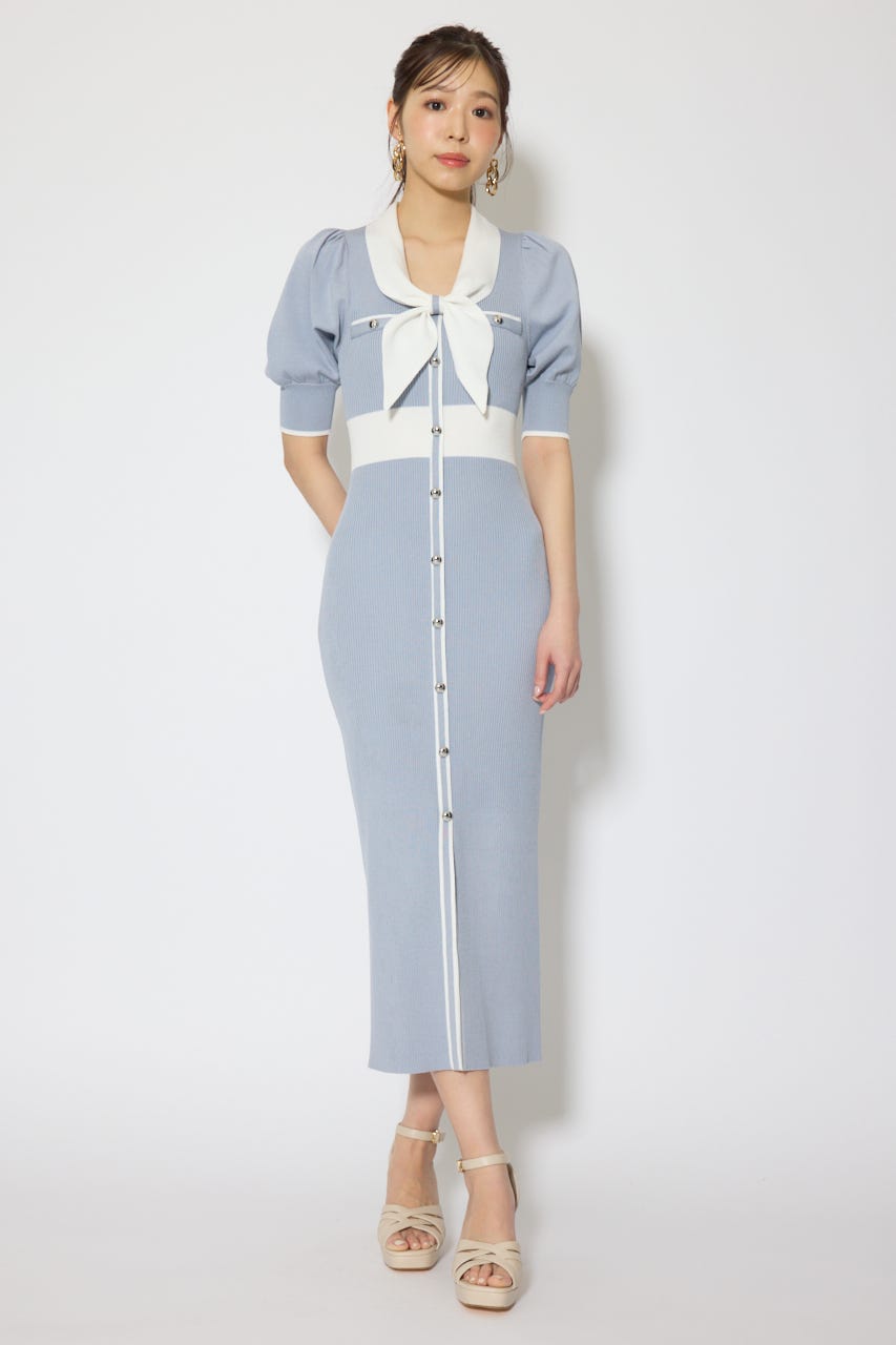 【森香澄さん着用】バイカラーパフスリーブタイトニットワンピース BLU FREE