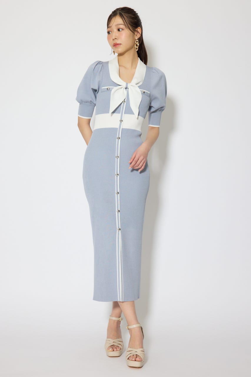 【森香澄さん着用】バイカラーパフスリーブタイトニットワンピース BLU FREE