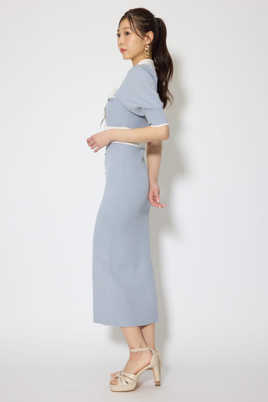 【森香澄さん着用】バイカラーパフスリーブタイトニットワンピース BLU FREE