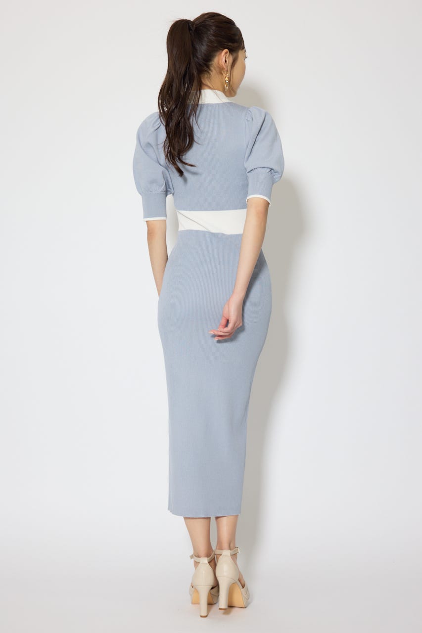 【森香澄さん着用】バイカラーパフスリーブタイトニットワンピース BLU FREE