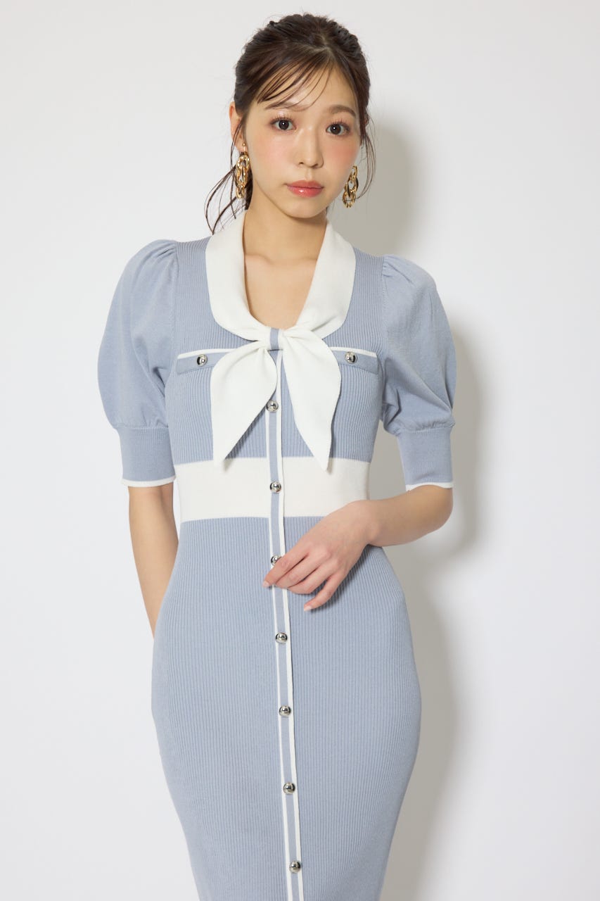 【森香澄さん着用】バイカラーパフスリーブタイトニットワンピース BLU FREE